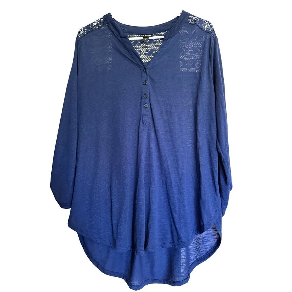 Joe Boxer Womens 1X Navy Blue Henley Lace Yoke Roll Tab Sleeve High Low Top